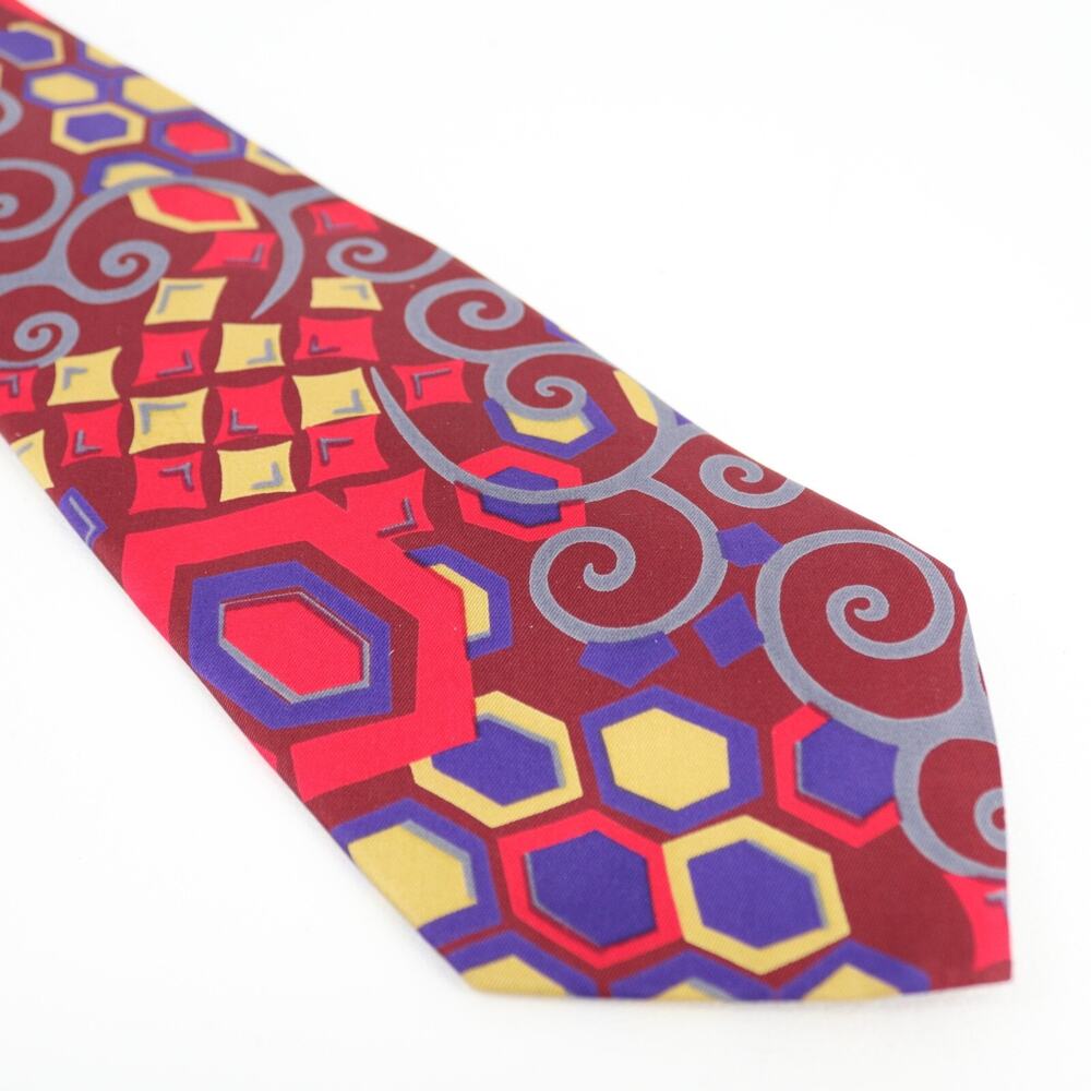 Vtg Geoffrey Beene Silk Tie Men 56 in Red Bright Multicolor Geo Abstract Wide